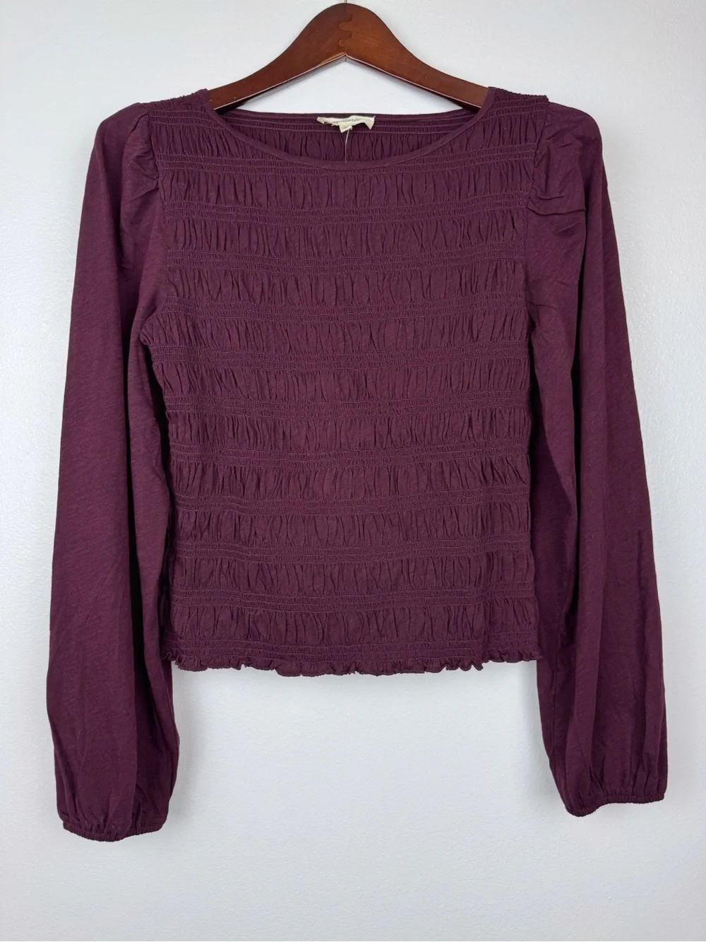 Madewell Smocked Cotton Boatneck Puff Sleeves Slim Fit Top Burgundy Size M NWT